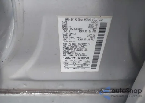 2005 Nissan Titan Xe from USA, damaged, VIN 1N6AA07A15N502278